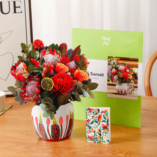 Kirribilli Sunset everlasting paper bouquet with protea, gerbera, pincushion in red