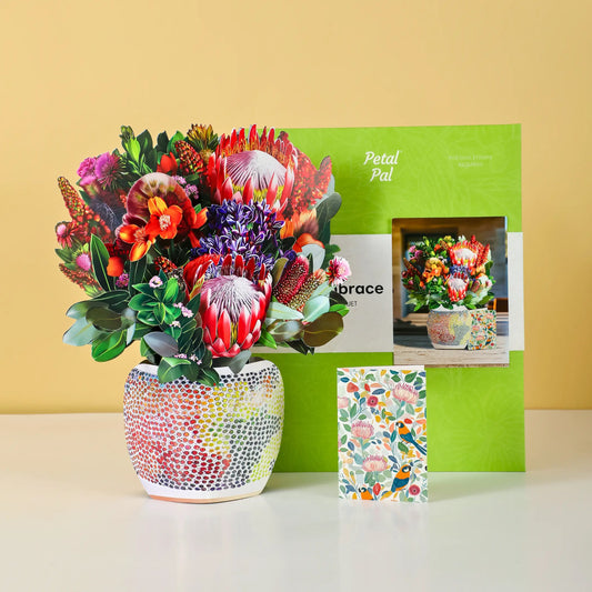 Kakadu Embrace Australian native paper pop-up bouquet of proteas and banksia — PetalPal